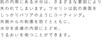 肌の内側にある水分は、さまざまな要因により失われてしまいます。ワセリンは肌の表面をしっかりバリアのようにコーティング。外側からの刺激を防ぐとともに、水分を皮膚の内部にとどめ、うるおいを保つことができます。